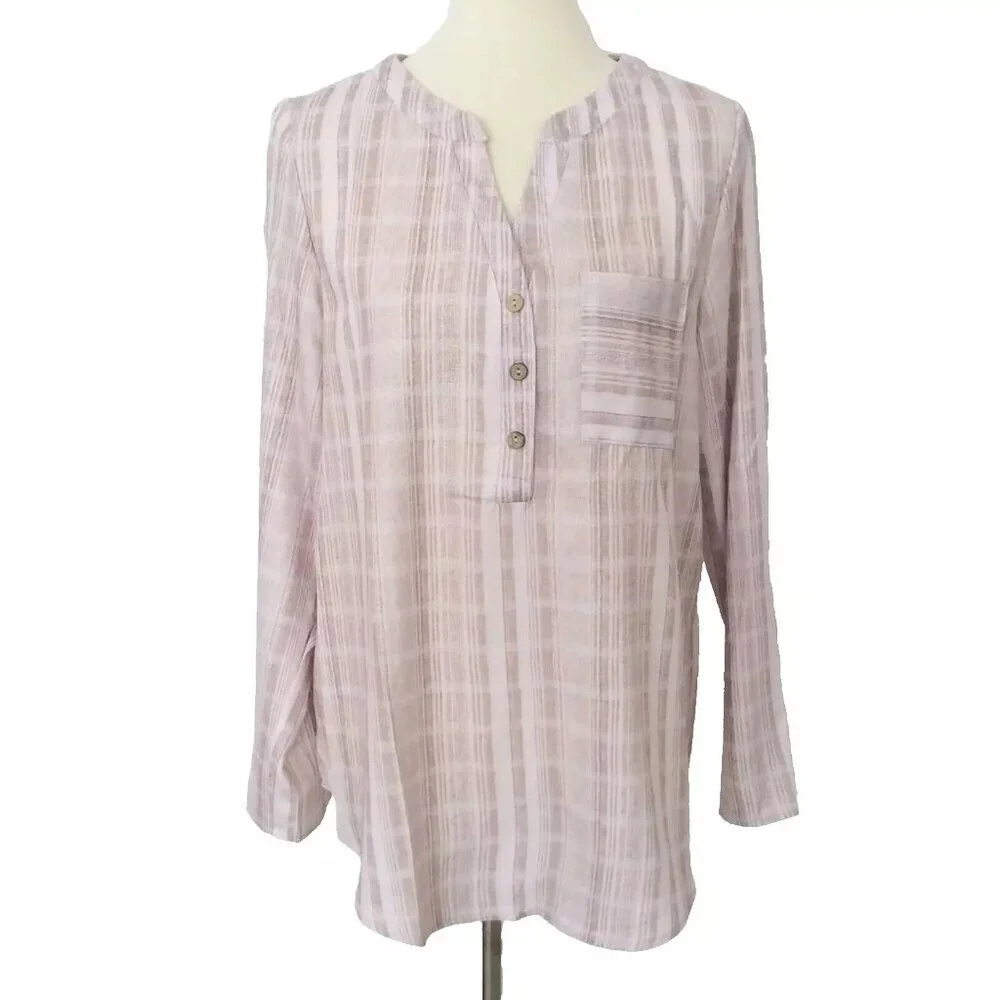 Misslook Beige Striped Cotton Blouse Tunic Top Size Large NWOT